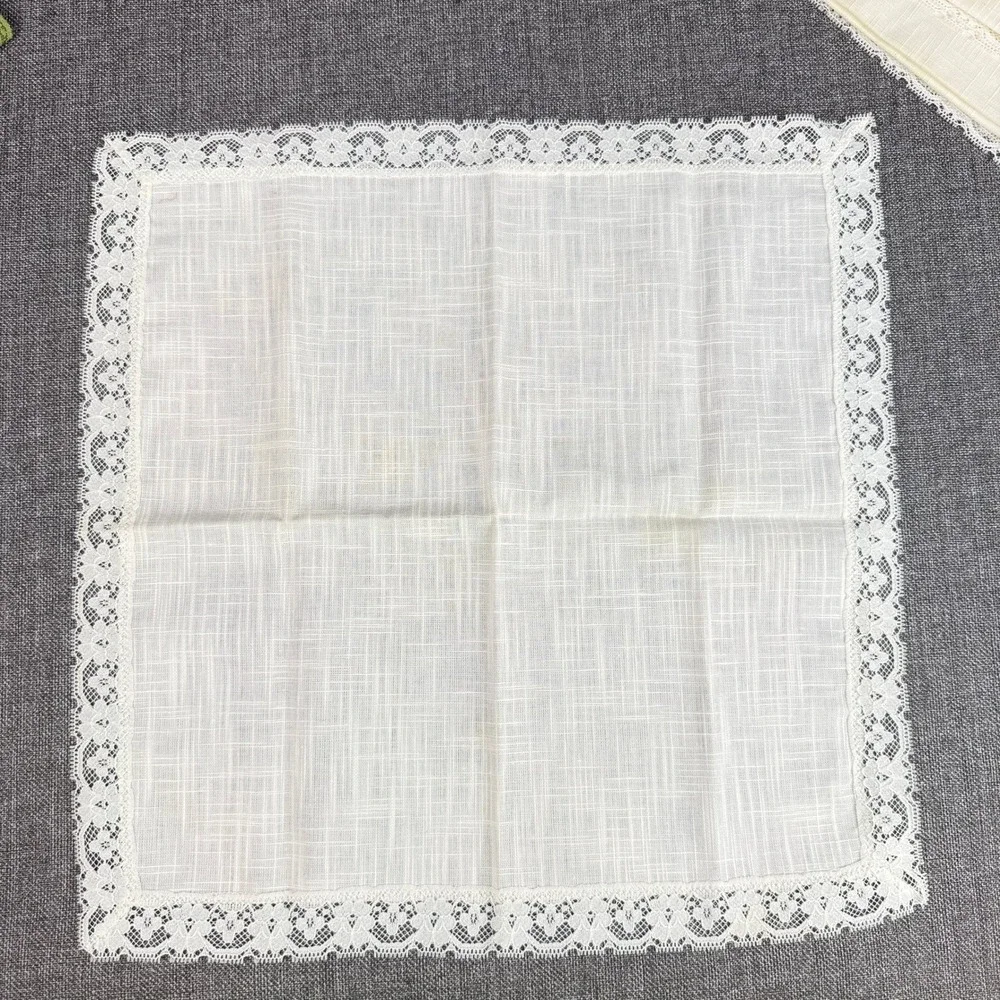 Vintage Lace Trim Cloth Napkin Set 10pc Green Cream White Linen Lot of 8